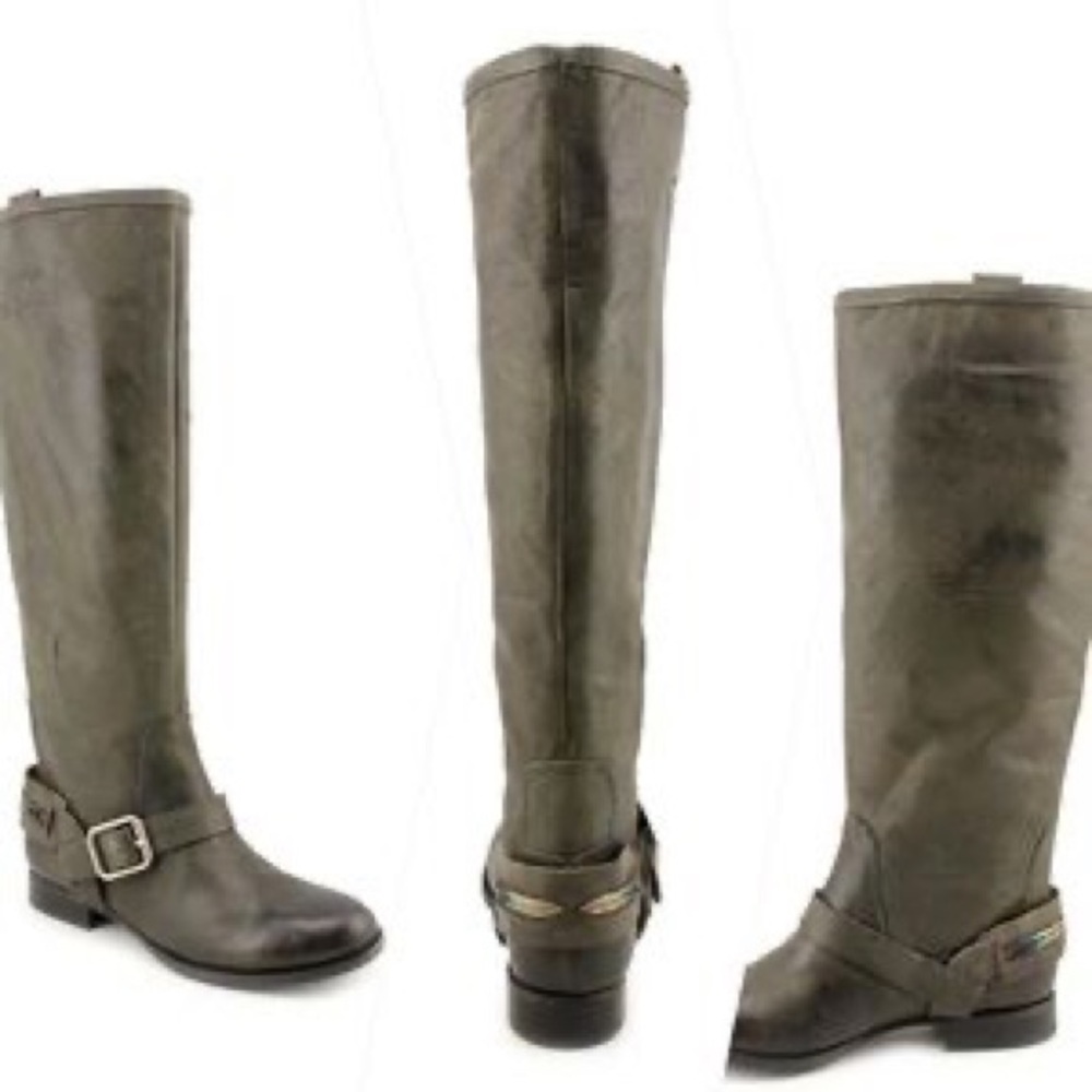 LUCKY BRAND grey knee high leather boots, bohemian strap buckle